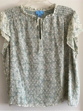 CeCe Pale Mint Floral Tie-Neck Blouse XL
